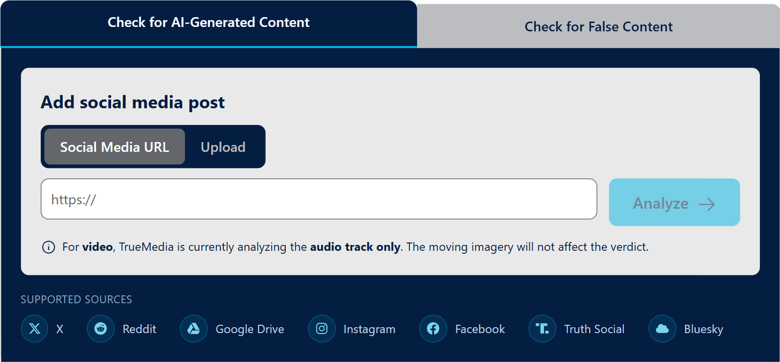 Screenshot of TrueMedia tool, demonstrating how to check for AI-generated content and check for false content.